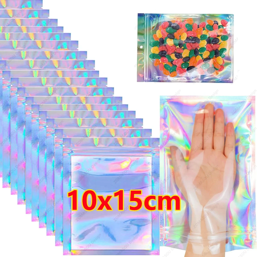 10-300PCS Laser Versiegelung Taschen Kunststoff Holographische Süßigkeiten Lebensmittel Beutel Wiederverschließbare Halskette Schmuck Geschenk Verpackung Küche Lagerung Tasche