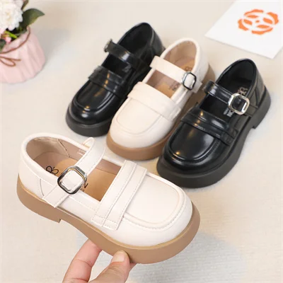 Girls British Style Black/beige Round Toe Leather Shoes, 2024 Summer New Daily Synthetic Leather Shoes Size:26-37