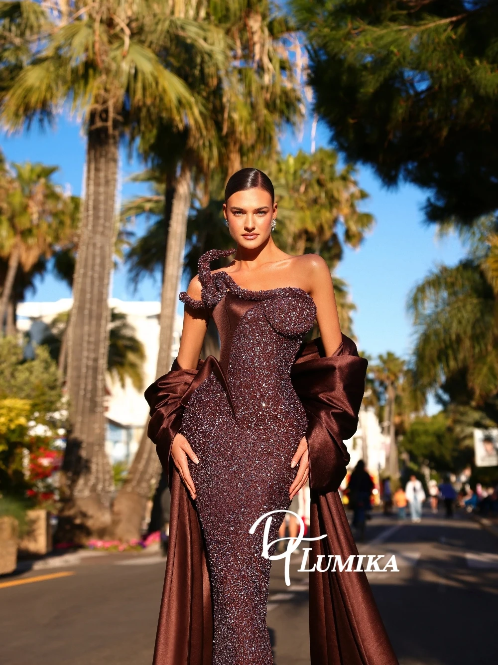 

Luxury Chocolate Brown Evening Gown For Women Shimmering Beaded Prom Dress With Detachable Satin Cape Train Classy Galas Wear
