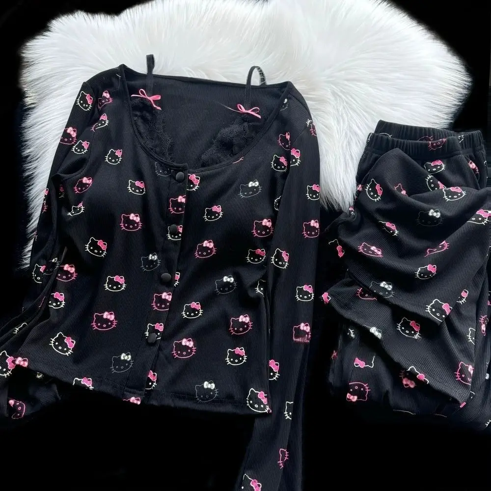 

Kawaii Hello Kitty Sanrio Modal Pajamas Female Spring Autumn Ladies Students Cute Homewear With Cushion Homewear Two-Piece Suit
