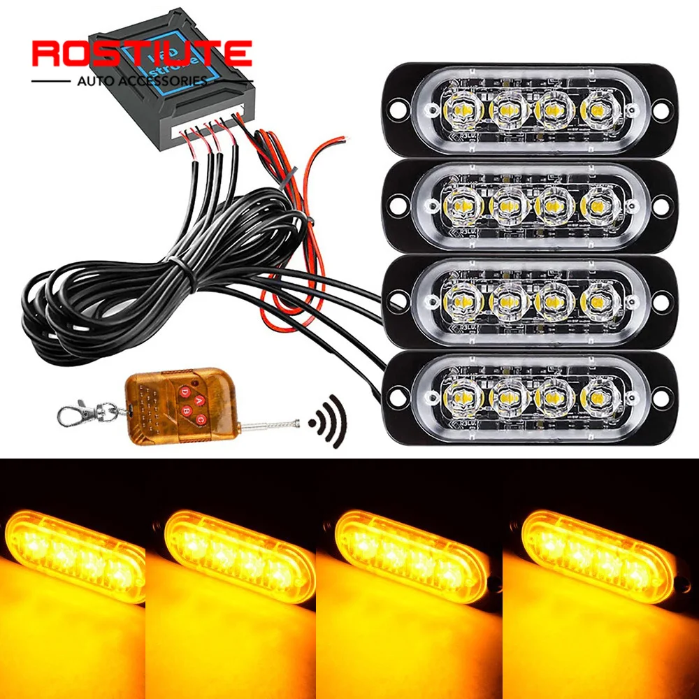 4X4 פנסי חירום מהבהבים לרכב אלחוטיים אור סטרוב משטרה כחול אדום צהוב אזהרה פנס סטרוב 12/24V לרכבת משאית