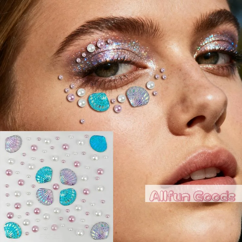 [TG835]1 Sheet Sparkling Mermaid Rhinestone Temporary Tattoos 3D Dreamy Shell Pearl Face Stickers DIY Body Art Stage Makeup Tool