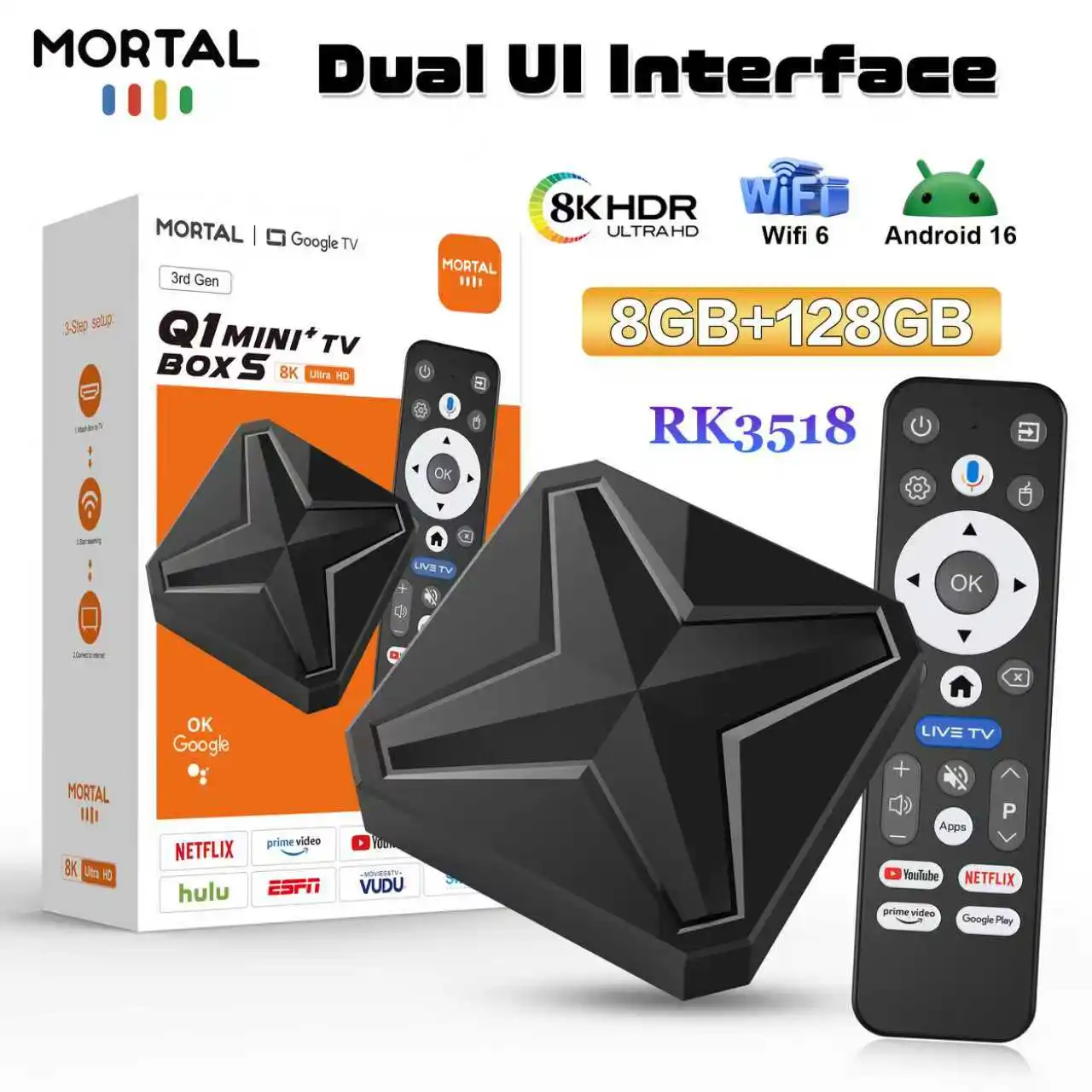 MORTAL Q1mini + Android 16 TV Box Rockchip RK3518 واجهة UI المزدوجة تدعم 8K فيديو 4K Wifi6 مشغل الوسائط فك التشفير BT5.4