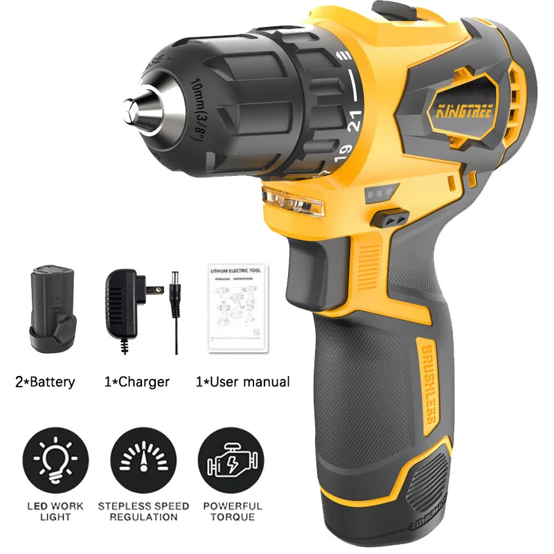 Kingtree 12V Cordless Brushless Impact Drill Electric Screwdriver Home DIY Power Tools 36 N.m dual speed drill