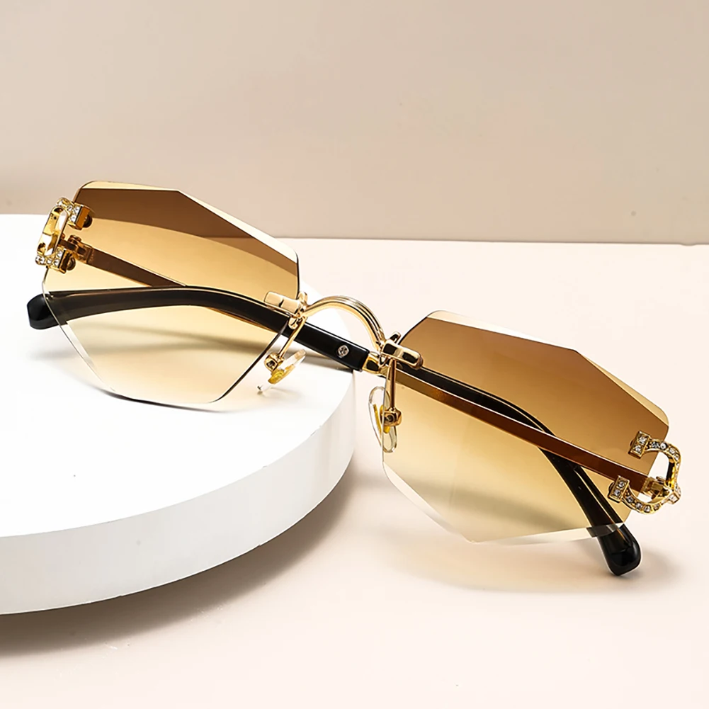 Peekaboo octagonal rimless sunglasses for men metal blue brown fashion sun glasses for women crystals decoration unisex