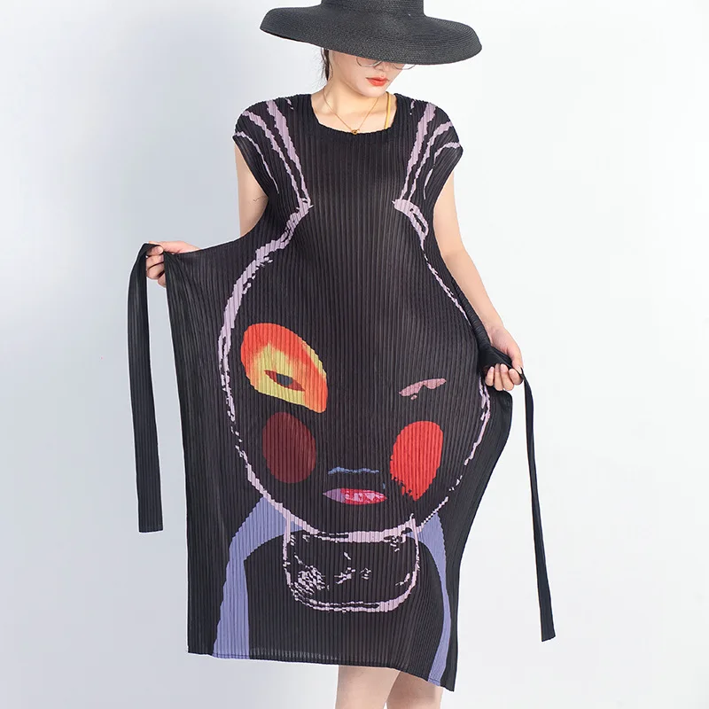 Miyake Pleated Square Collar Sleeveless Printed Dress With Belt Women 2023 Summer New Korean Style Thin Age Reduction Long Dress