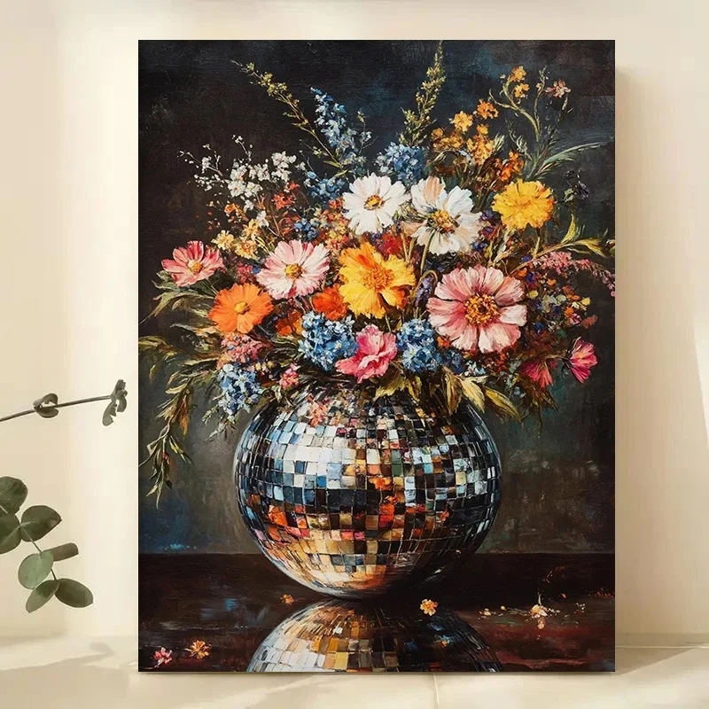 Multiple sizes 1pc frameless Canvas Painting,Disco Ball Wildflower Dark Academia Maximalist Poster and Prints Canvas Painting Wa