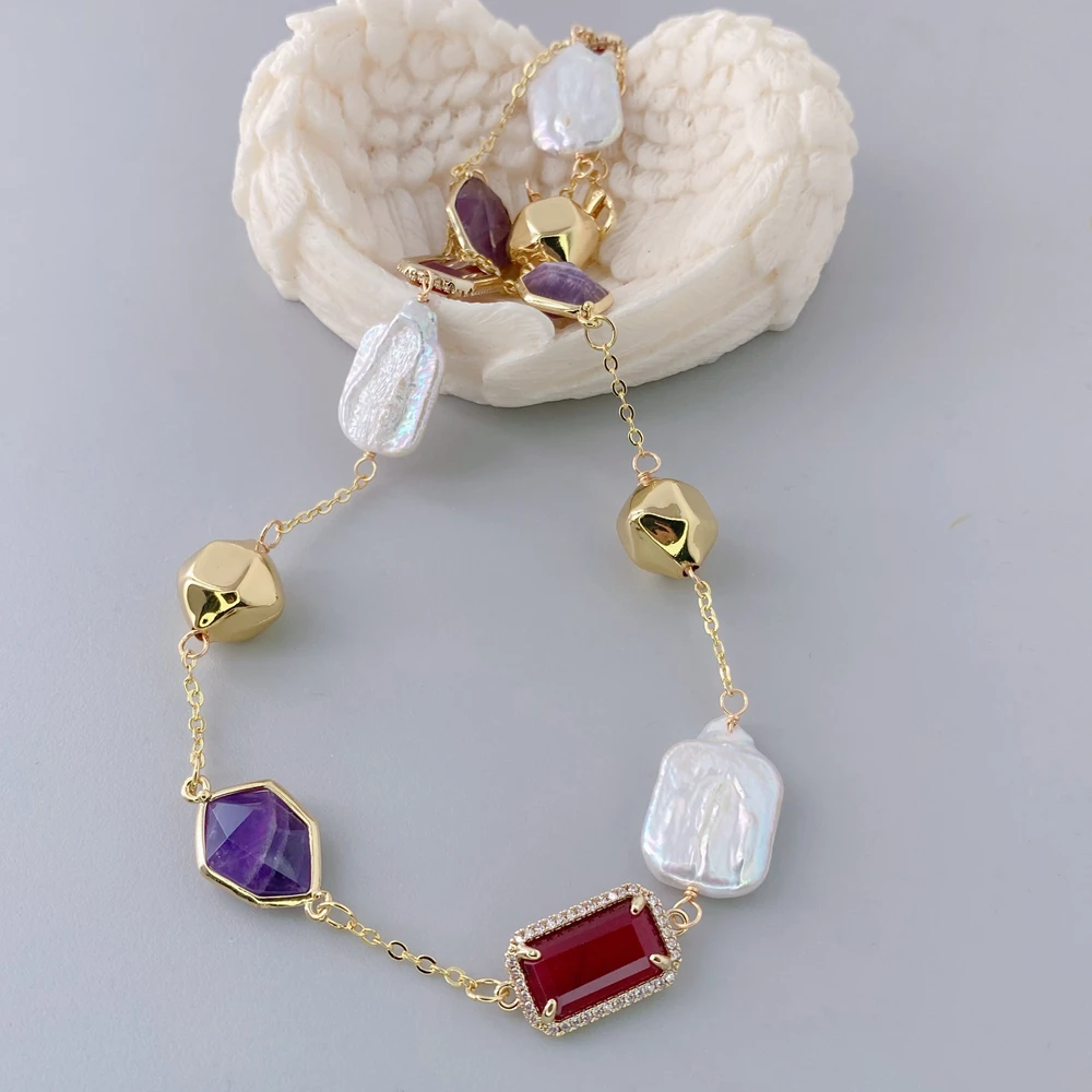 

Y·YING Natural Amethyst Red Jade Cultured White Rectangle Pearl Chain Long Necklace 27"