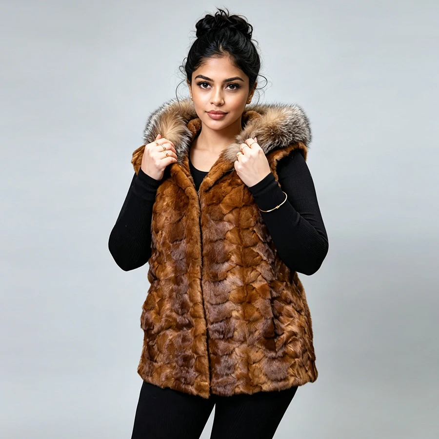

Ladies Real Mink Fur Vest With Hood Cropped Mink Fur Jacket Winter Natural Fur Coat Luxury Genuine Fur Outerwear