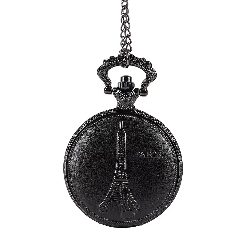 8822Large hot embossed iron tower classical pocket watch Retro black fine chain matte texture Eiffel Tower pocket watch