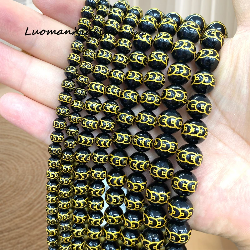 Natural Stone Golden Word Agate 6-12mm Buddha Black Money Loose Spacer Beads for Jewelry Making Diy Bracelets Accessories