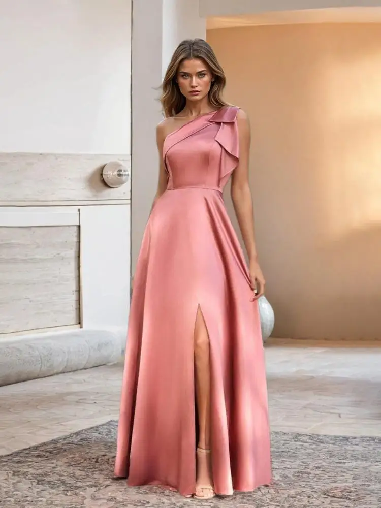 

Beshinel Customized Pink Satin One Shoulder Bridesmaid Dresses Bow A Line Sleeveless Split Special Occasions Floor Length Dress