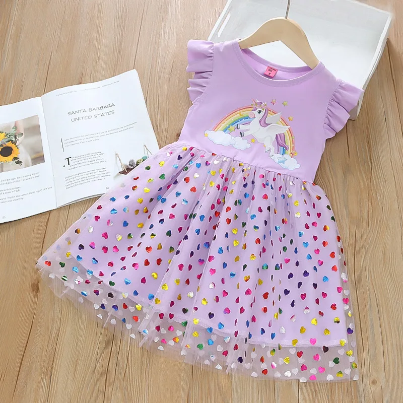 2024 Summer 2-6 Years Girls Dress Cotton Cartoon Unicorn Mesh Party Princess Dresses For Accessories Girls Birthday Clothes