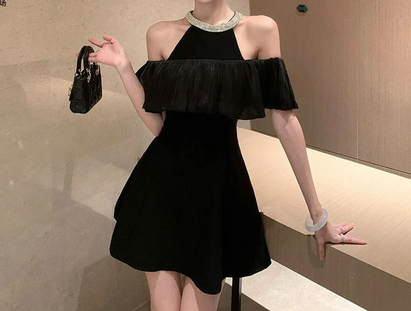 

Temperament Neck Shoulder Dress Women's Summer 2026 New Black Slim Waist Short Skirt