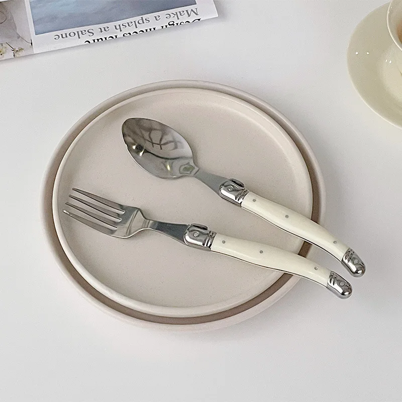 6Pcs Laguiole Ivory Silverware Steak Knives Forks Dinner Spoons Teaspoon Set Stainless Steel Cutlery Korean Tableware Home