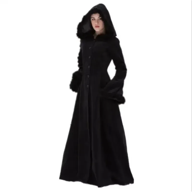 MN1 Vintage Halloween Renaissance Medieval Clothes Costume Womens Dress Hooded Maxi Trench Coat Cosplay Outwear Plus Carniva8/yG