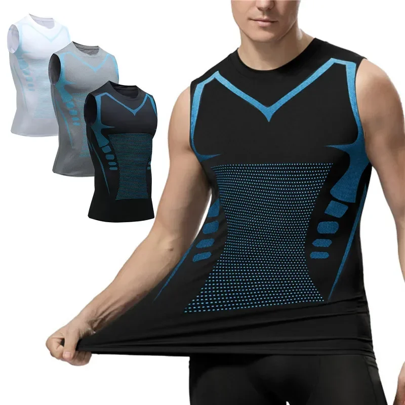 Ionic Shaping Vest for Men Ice Silk Slimming Vest Body Shaper Compression Shirts Tank Top Tummy Control Sleeveles Fitness Shirts