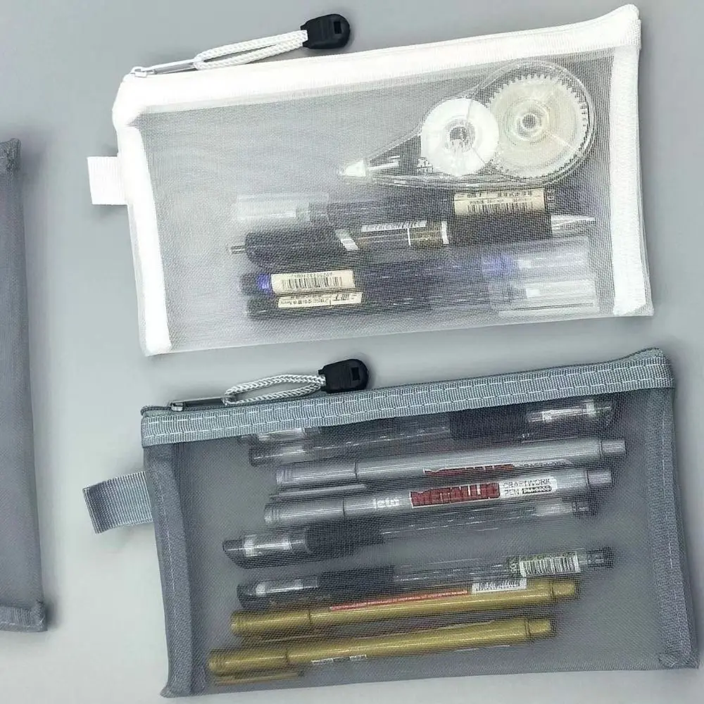 Nylon Transparent Zipper Pencil Case Solid Color Makeup Pouch Clear Stationery Bag Zipper Travel Case Mesh Cosmetic Storage Bag