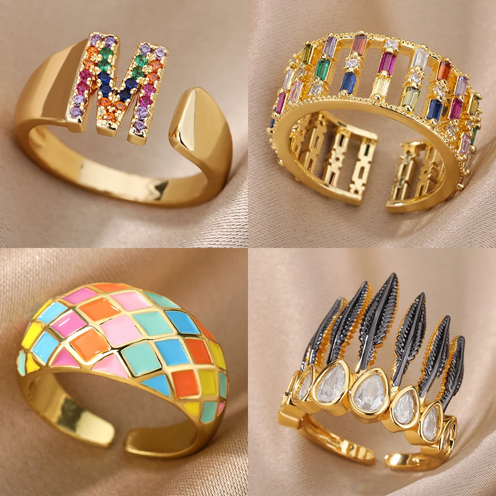 Bunte Zirkon Ring für Frauen Edelstahl Gold Farbe Geometrische Offenen Ring Vintage Hochzeit Schmuck Geschenk Zubehör