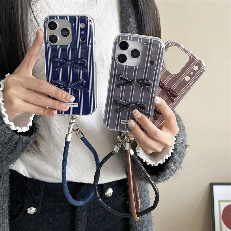 

Korean Cute 3D Bowknot Color Stripes Phone Case For iPhone 17 Pro 16 15 14 Pro Max Cover with Hand Starp Shockproof Protective C