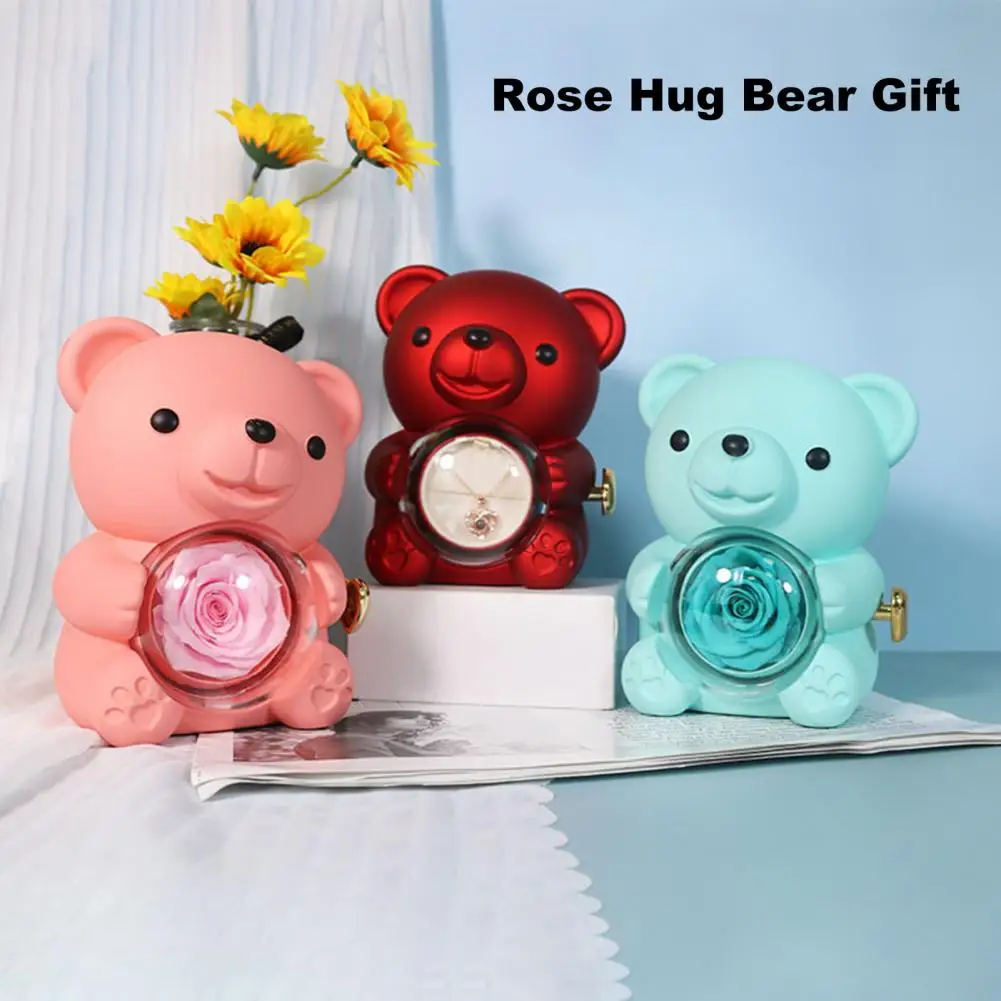 Preserved Rose Hug Bear Gift with Heart Necklace Rotatable Eternal Flower Bear Gift Box Girlfriend Valentine\'s Day Birthday Gift