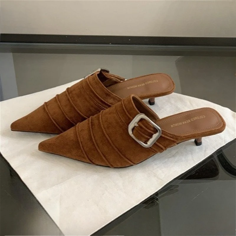 

Retro Suede Low Heel Slipper Woman Metal Belt Buckle Pointed Toe Mules Shoes Ladies Slides Comfort Fashion Sandals for Women