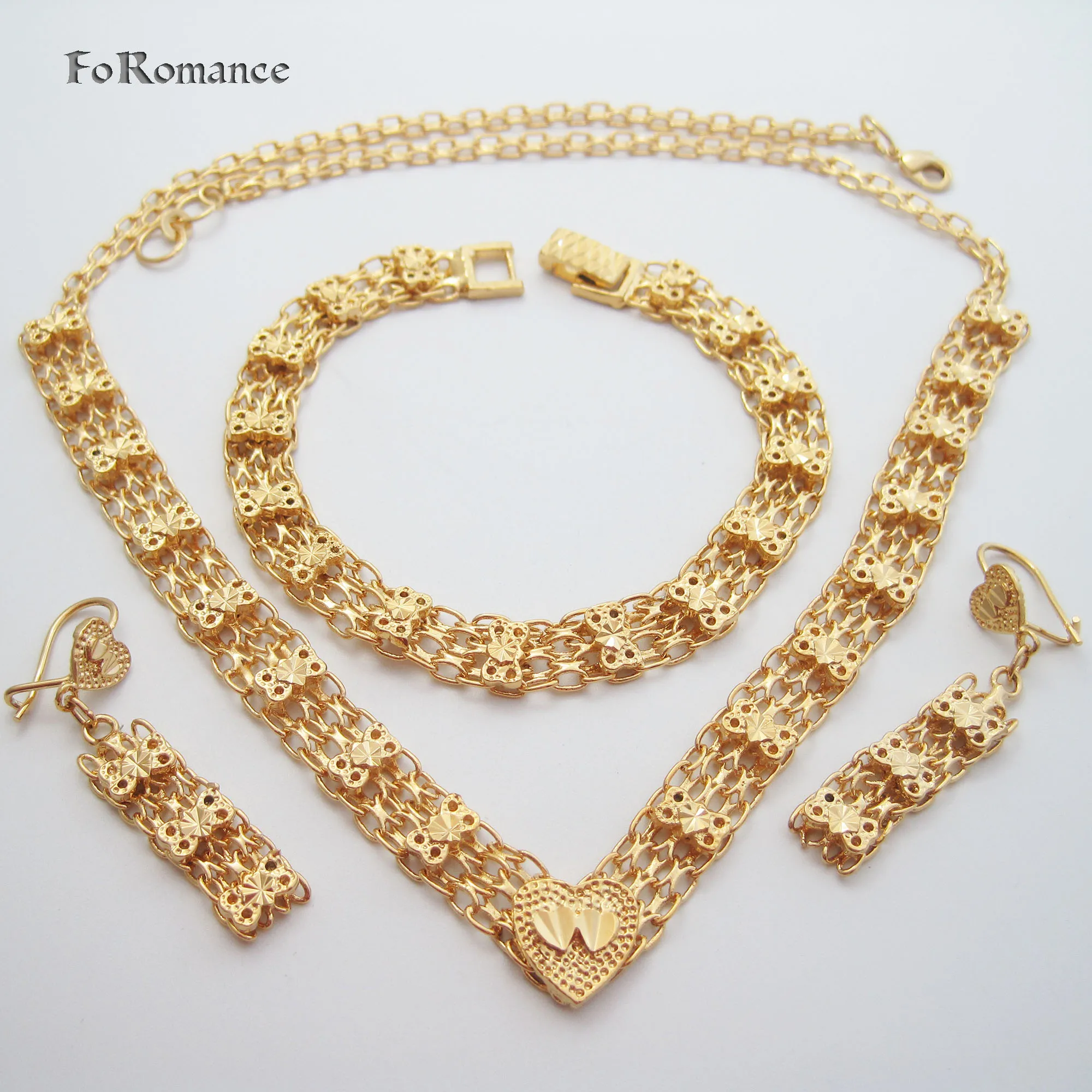 YELLOW GOLD PLATED VIVID HEART PATTERN CARVED EARRING BRACELET NECKLACE JEWELRY SET GREAT GIFT