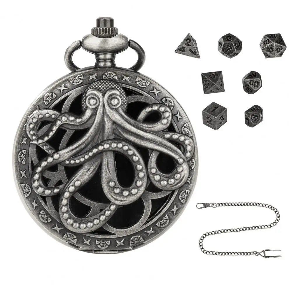 Portable Dice Case Steampunk Gear Octopus Pocket Watch Dice Set Mini Metal Polyhedral Dnd Dice with Chain for Role Playing Games