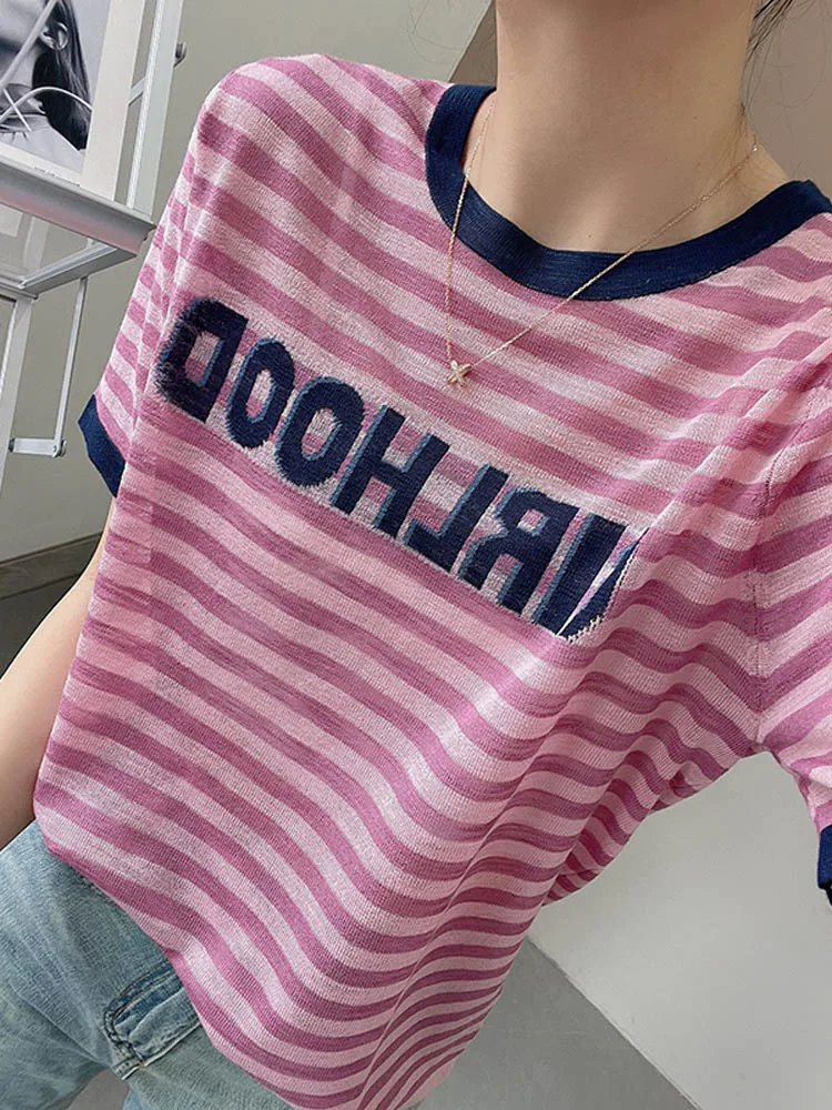 

Pink Purple Striped Letter round Ne Knitted ort Sve Casual Bamboo T-irt Women Loose Summer Base Layer Top