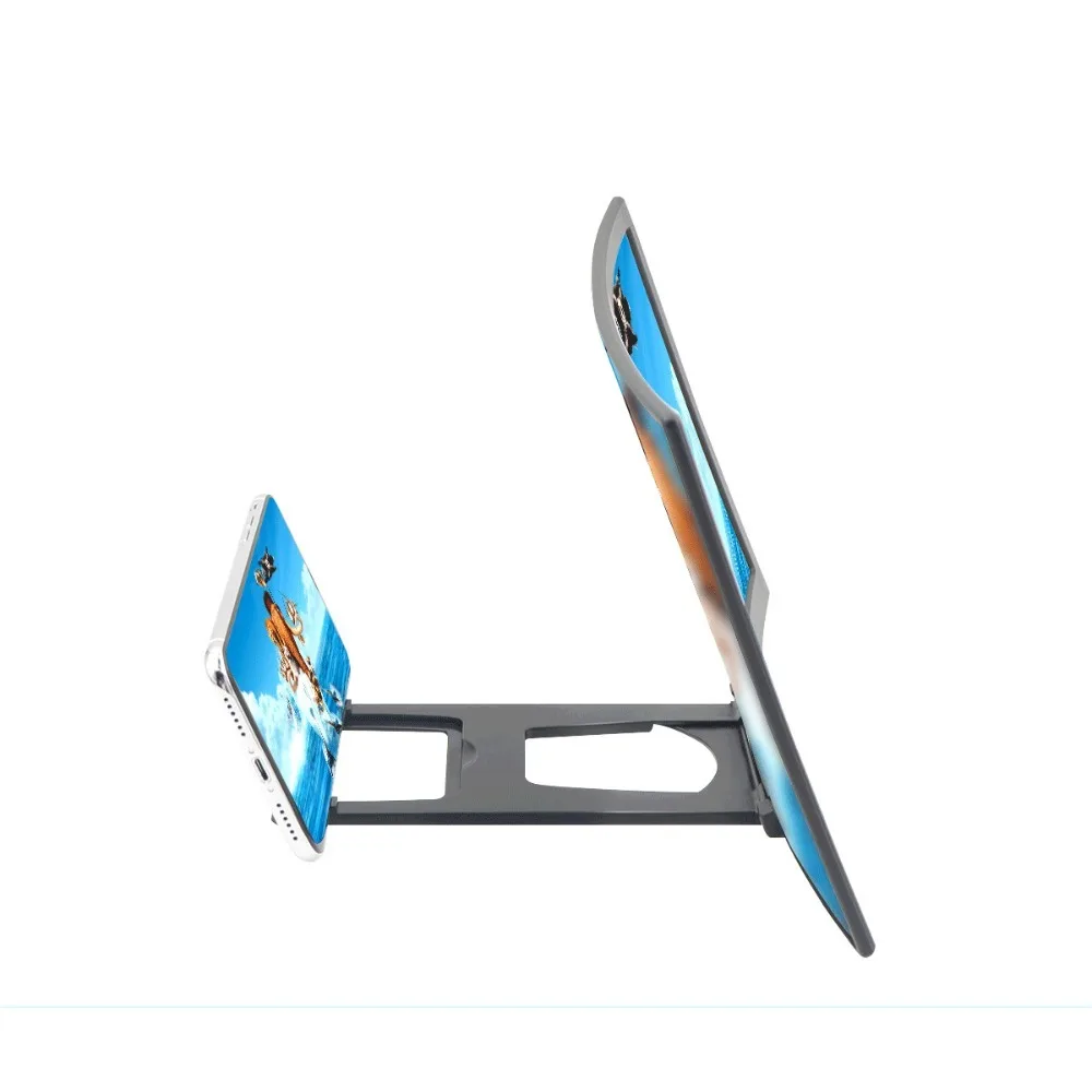 مضخم شاشة الهاتف المحمول المنحني عالي الوضوح ثلاثي الأبعاد، عدسة أكريليك، غلاف ABS، حامل شخص كسول قابل للتعديل