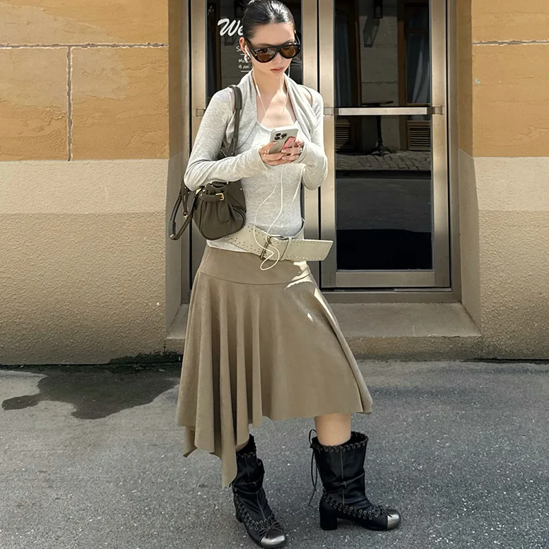 

Trendy Street Style Retro Suede Irregular Mid-length Fitted Waist Ruffle Skirt