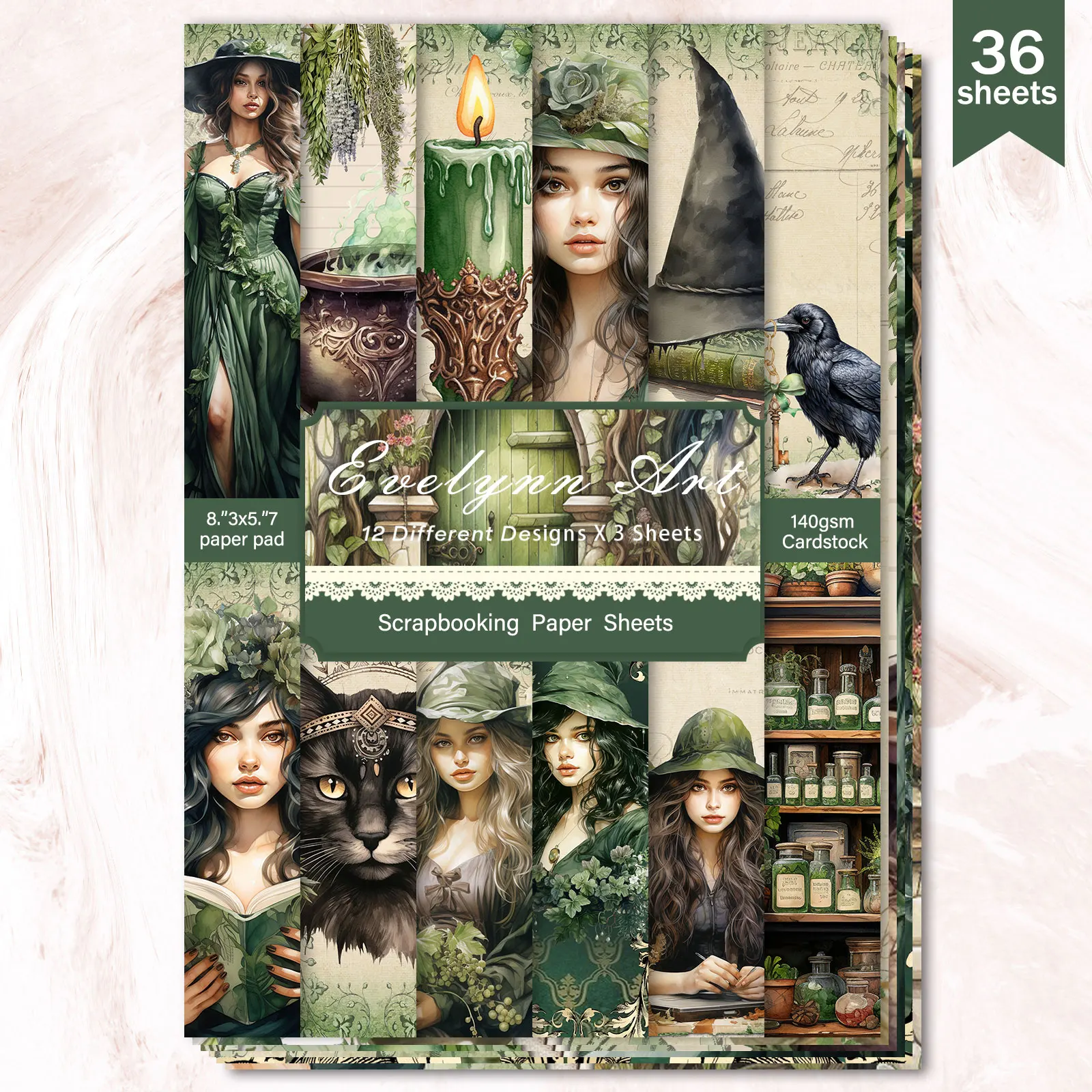 36 Sheets A5 (Goddess Black Cat Crystal Ball) Clipping Thin Paper For Bullet Diary, Junk Magazine, Greeting Card Background