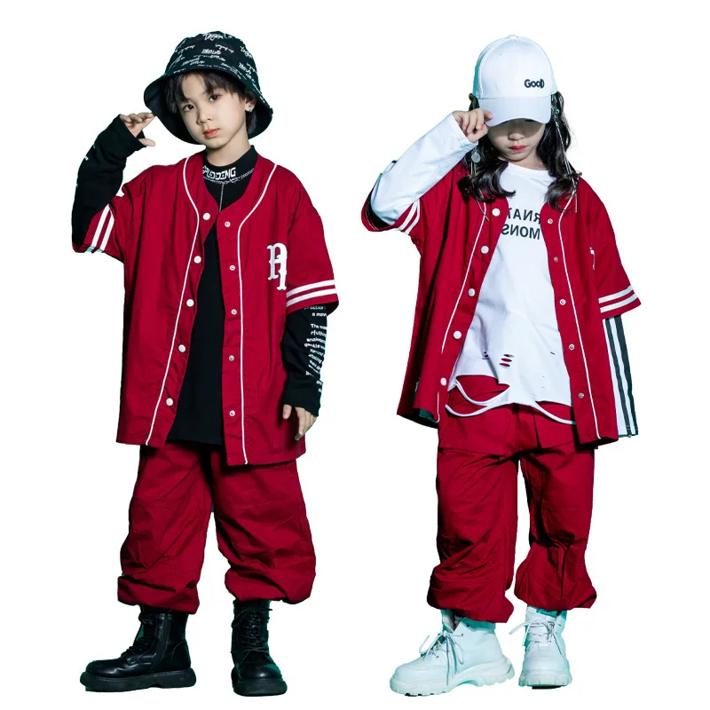 Kids Teenage Streetwear Hip Hop Clothing Red Shirt Tops Casual Cargo Jogger Pants For Girl Boy Jazz Dance Costume Rave Clothes