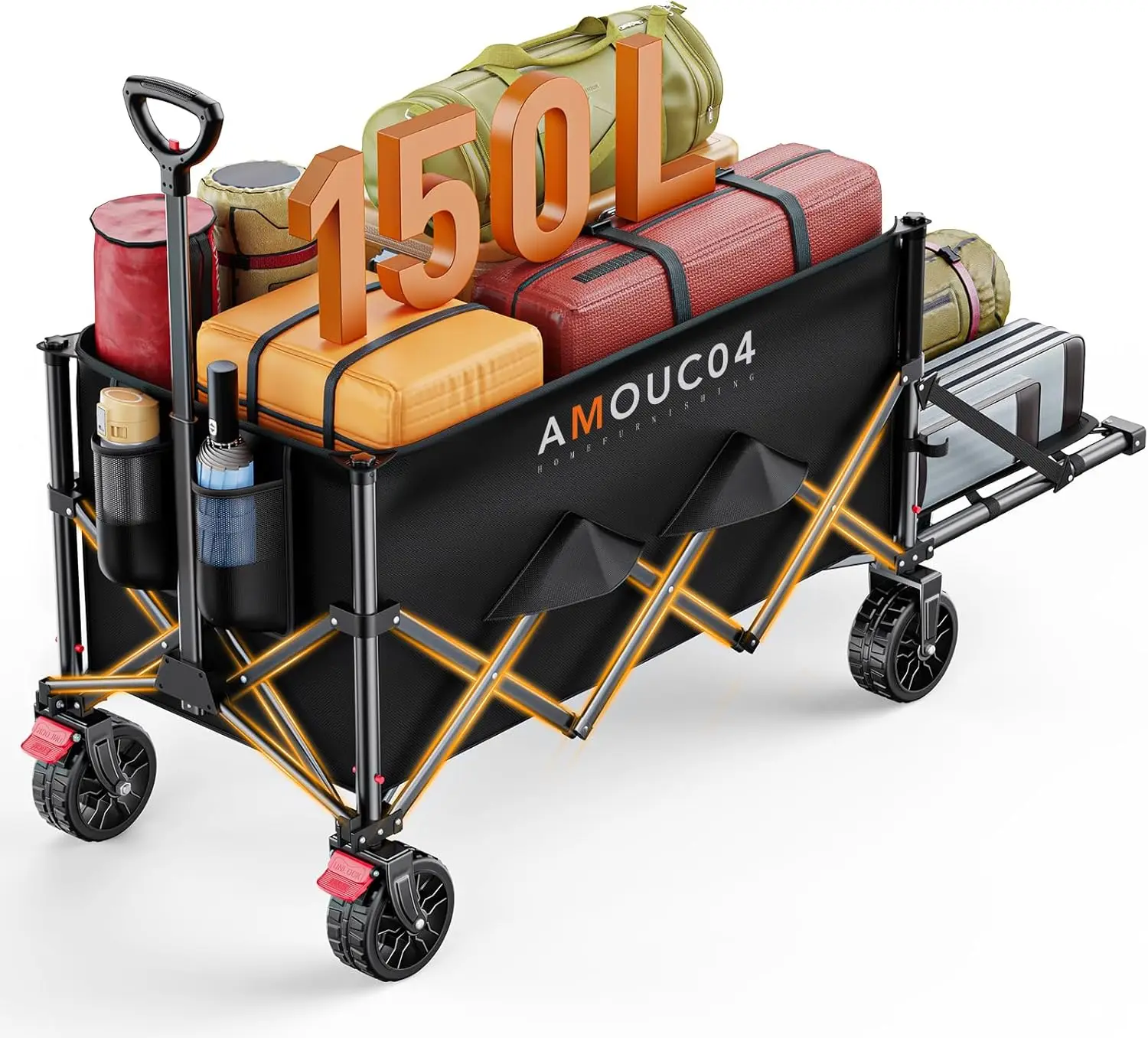 

Foldable Collapsible Wagon Cart with Expandable Storage, 150L Capacity for Outdoor Camping Garden Groceries