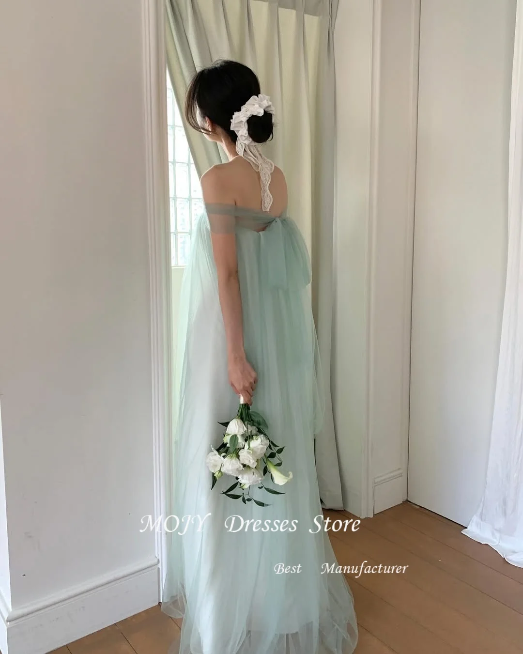 Mojy sans bretelles fée vert châle plissé corée robes de bal Tulle personnalisé a-ligne robes de soirée mariage séance Photo longueur de plancher