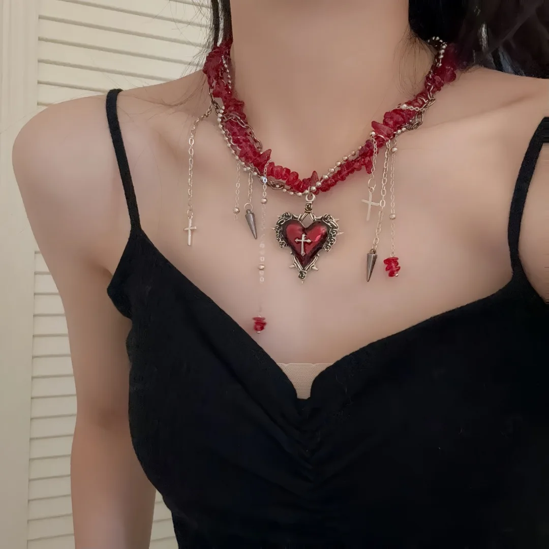 فاسق الشارع الشهير القوطية Y2K أحمر أسود مطرز سلسلة معدنية برشام القلب الصليب قلادة قلادة للنساء الرجال زوجين مجوهرات 2026 #3