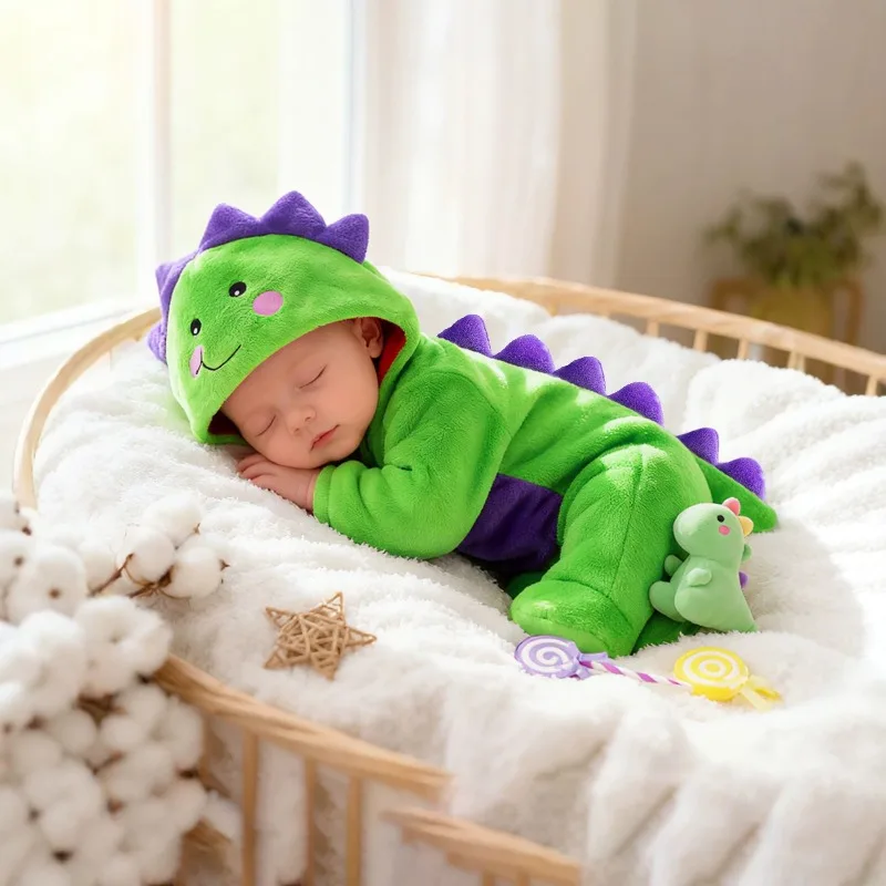 Baby Green Dinosaur Costume Romper with Purple Spikes Hooded Plush Footed Jumpsuit Cute Winter Warm Playsuit 0 24 Months