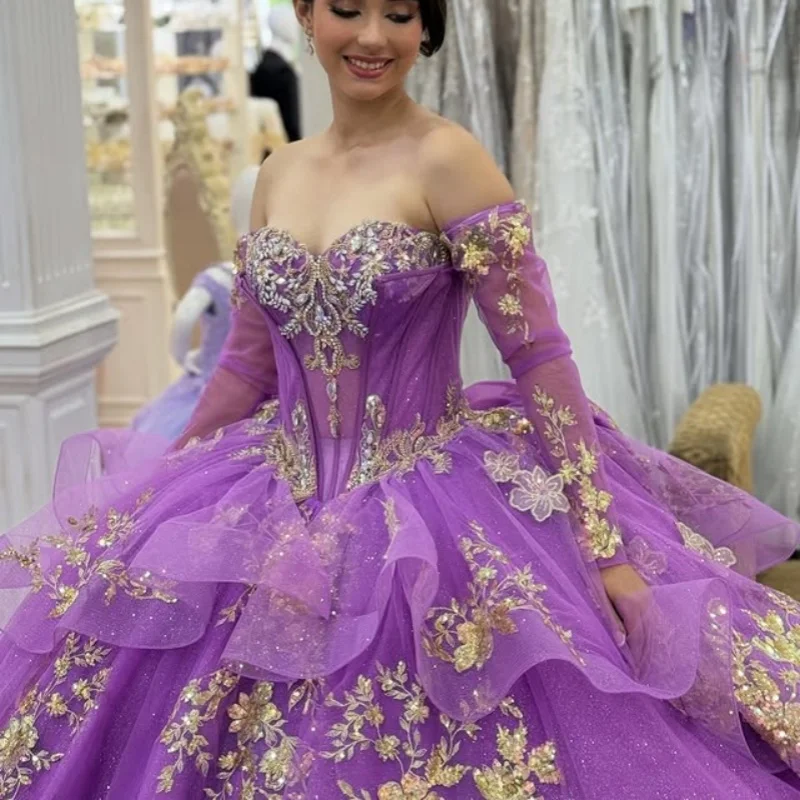 

Shiny Purple Quinceanera Dress off-shoulder Lace crystal glitter decal Long tail Bow vestidos de 15 Quinceanera ﻿Customize