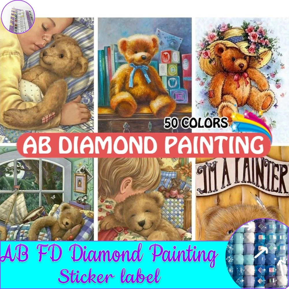 

50 Colors 5D DIY Diamond Painting Cartoon Bear Doll AB Drill Embroidery Cross Stitch Mosaic Craft Home Decor Christmas Gift