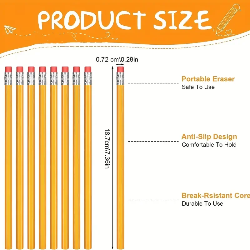 50/100/150pcs Pencils With Eraser Top, 2 HB Pencils Drawing And Sketching, Yellow Wood-Cased Pencils For Office,School Supplies image 2