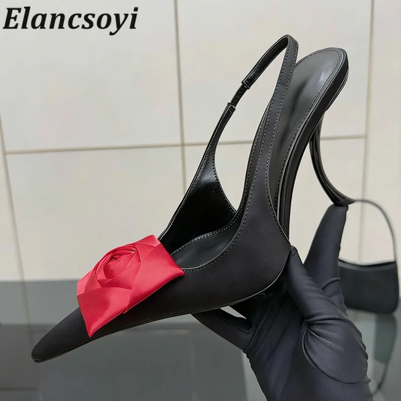 New Sandalias Women Pointed Toe Closed Toe Back Strap Sandals Summer Satin Flower Decor Thin High Heels BanquBanquet Shoes Pumps