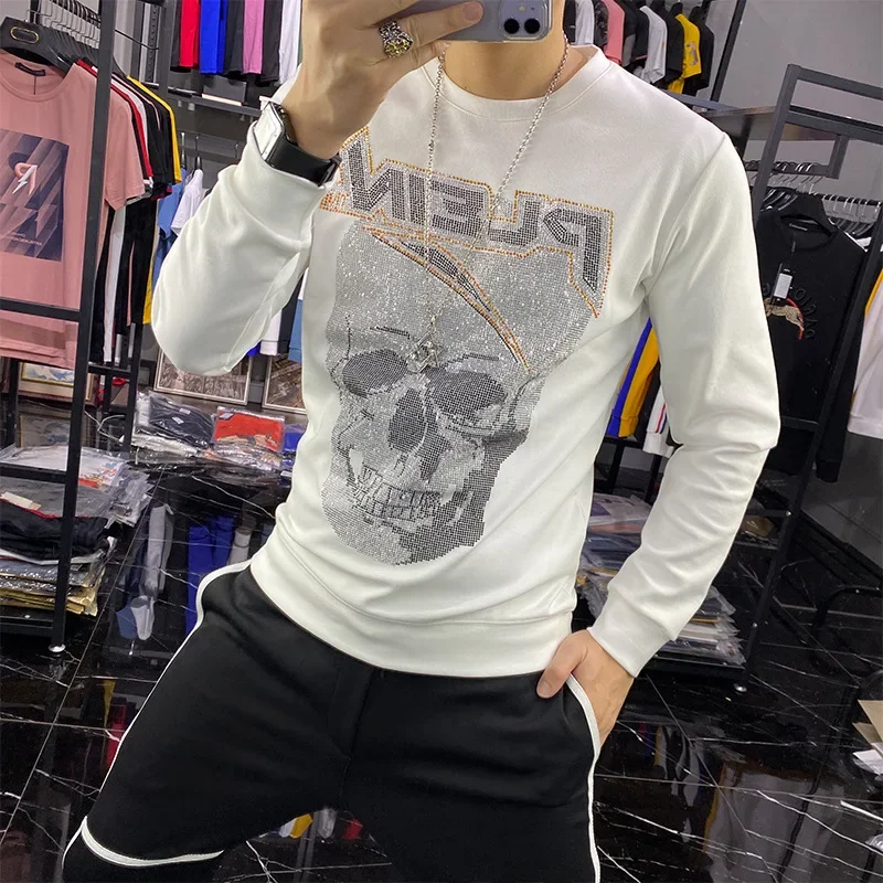 2024 Casual Sweatshirts Rhinestones Skulls Mens Hoodies Fashion Streetwear Autumn Hoodie Men Clothing Sweat Homme Ropa De Hombre