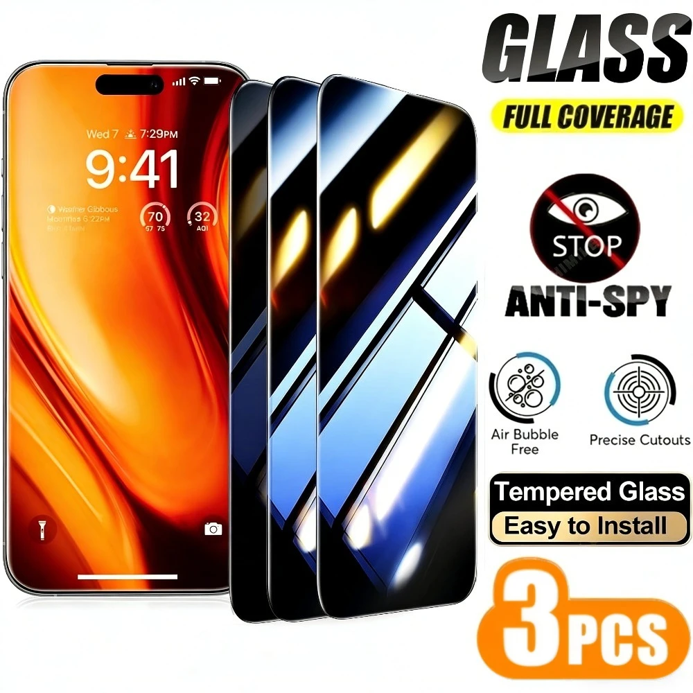 

Комплект из 3 защитных стекол 9H с полным покрытием экрана для iPhone 17, 16, 15, 14, 13 Pro Max, Air 17e, 16, 15 Plus, 12, 11 Pro (защита от подглядывания)