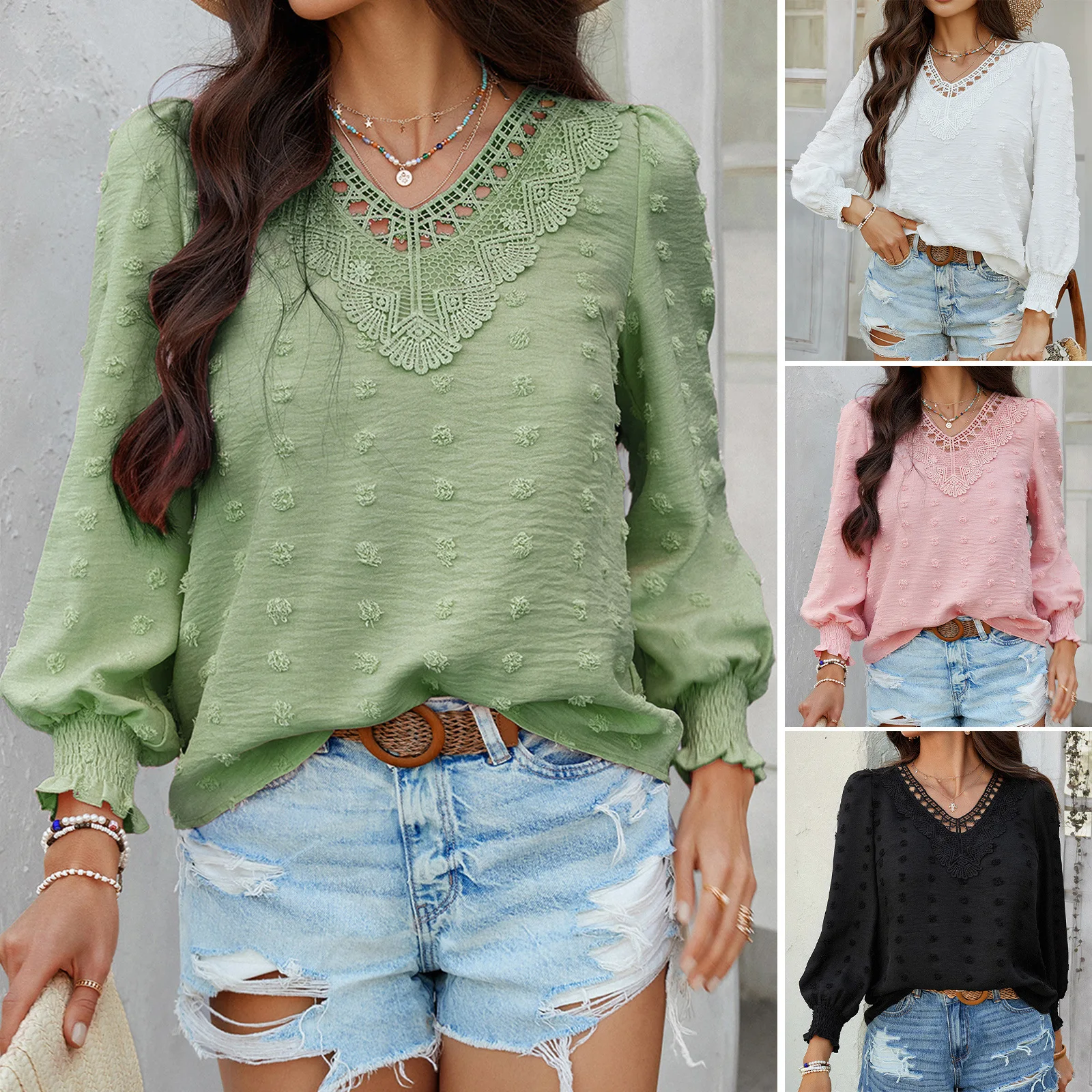 

Diyun Women's Casual Vacation Style Solid Color Jacquard Olive Long-sleeved Shirts Women