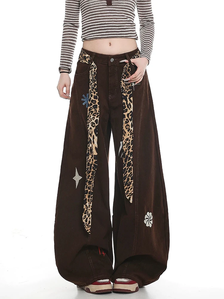 Vintage Embroidery Jeans Women Leopard Sashes Streetwear Loose Casual Denim Pants High Waist Retro Harajuku Scimitar Trouser New