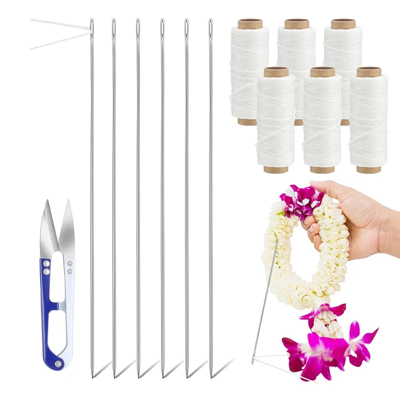 Zestaw igieł Lei 13 sztuk, w tym 6 długich igieł ze stali nierdzewnej, 6 sznurków, 1 nożyczek do szycia do samodzielnego wykonania girlandy, nastarwienia.