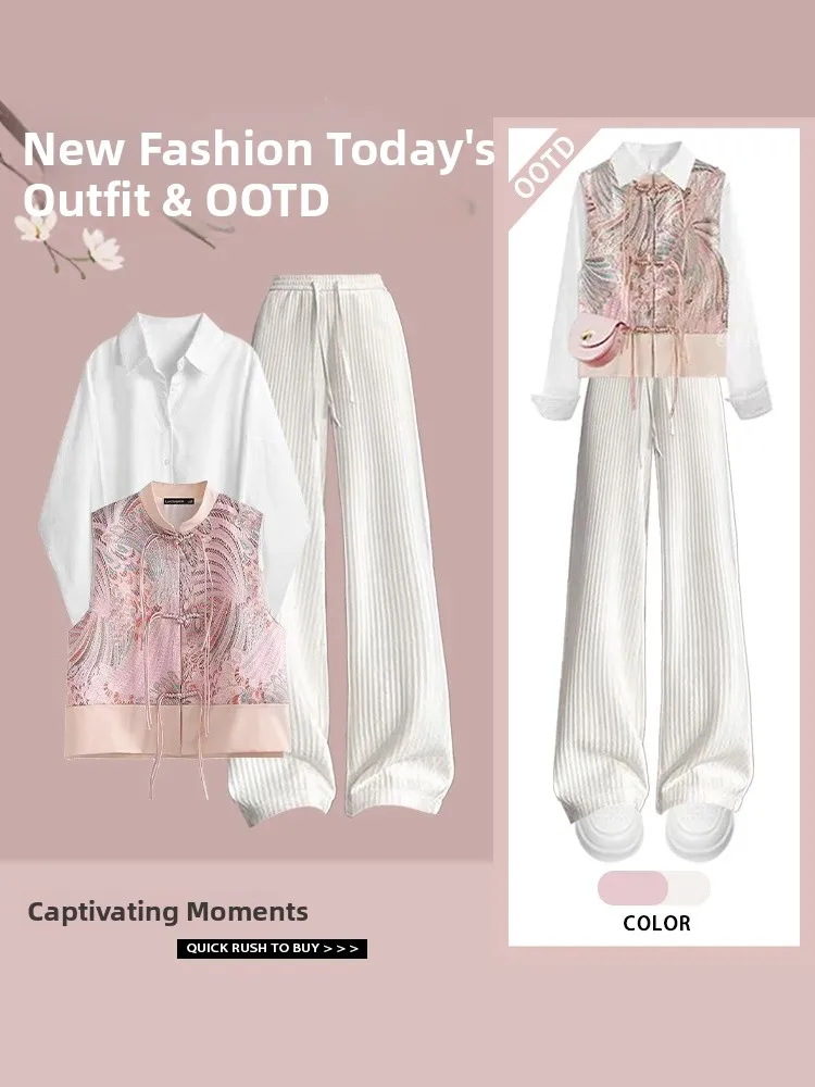 

Весенний новый китайский Sle Hanfu irt, повседневные свободные брюки, комплект из футболки, базовый слой на пуговицах, верхняя одежда из полиэстера...