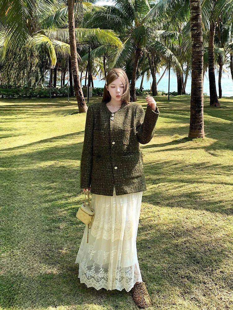 

Женское шерстяное пальто Luu с широкими рукавами и круглым вырезом, весенне-осеннее, повседневное, элегантное, короткое, с карманами