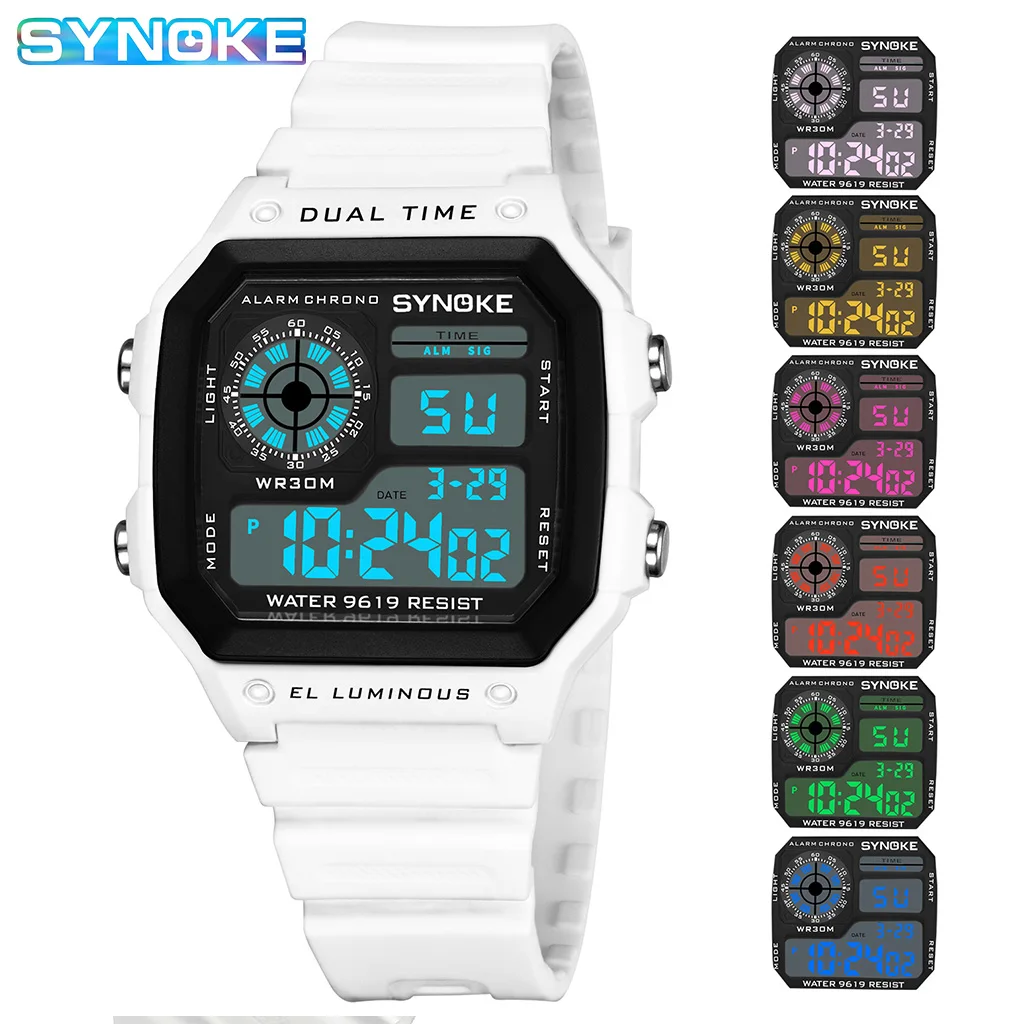 SYNOKE-relojes digitales luminosos para hombre, cronógrafo de pulsera multifunción, resistente al agua, para exteriores y correr, Siete Luces