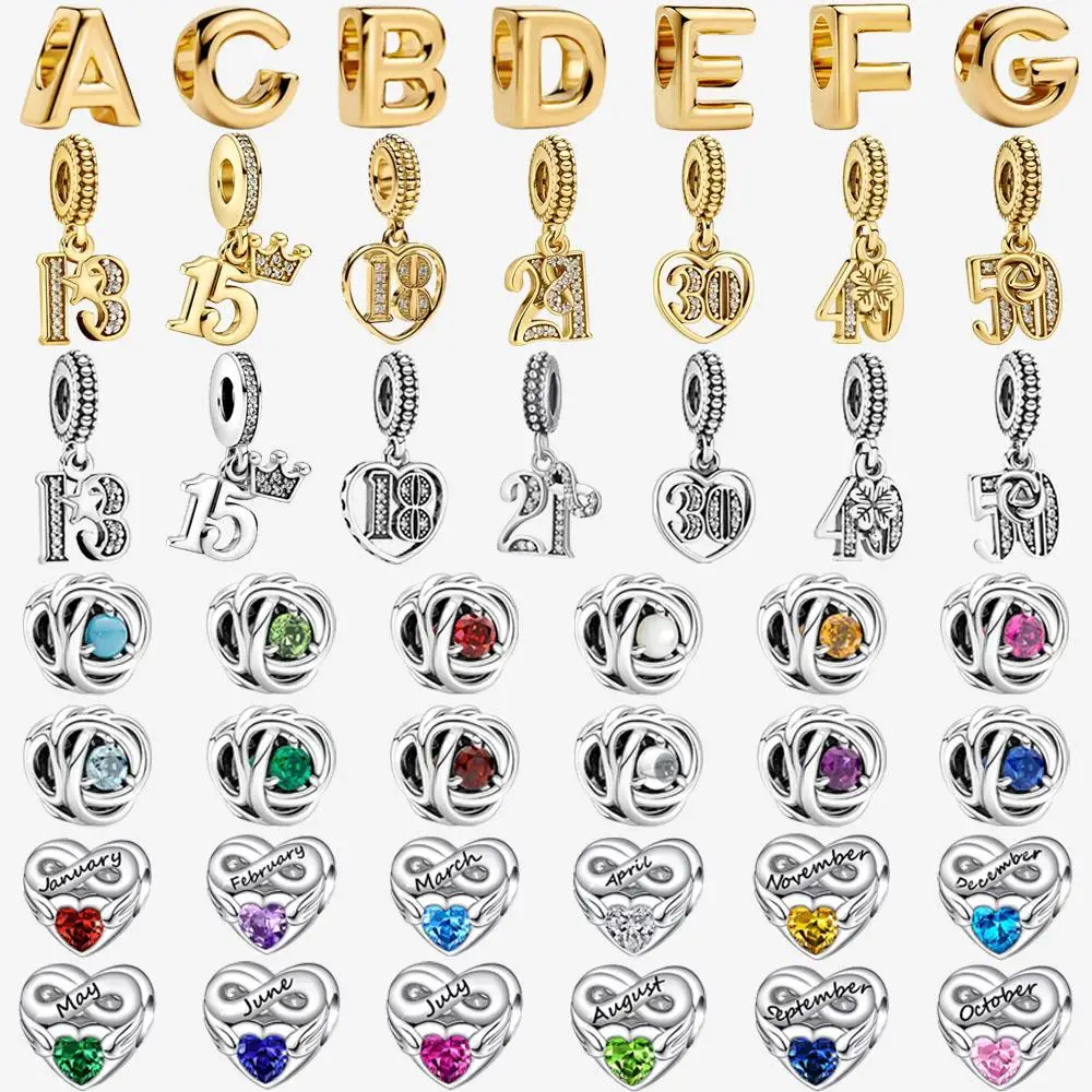 

Alphabet Letter 925 Sterling Silver Month Birthstone Charm Charms Fit Original Bracelet Beads Jewelry DIY Gift plata de ley